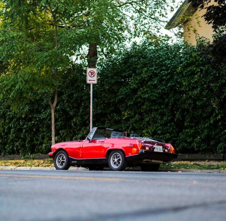Red sports car parked on the roadside