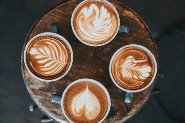 Cafe latte on a table, aerial view