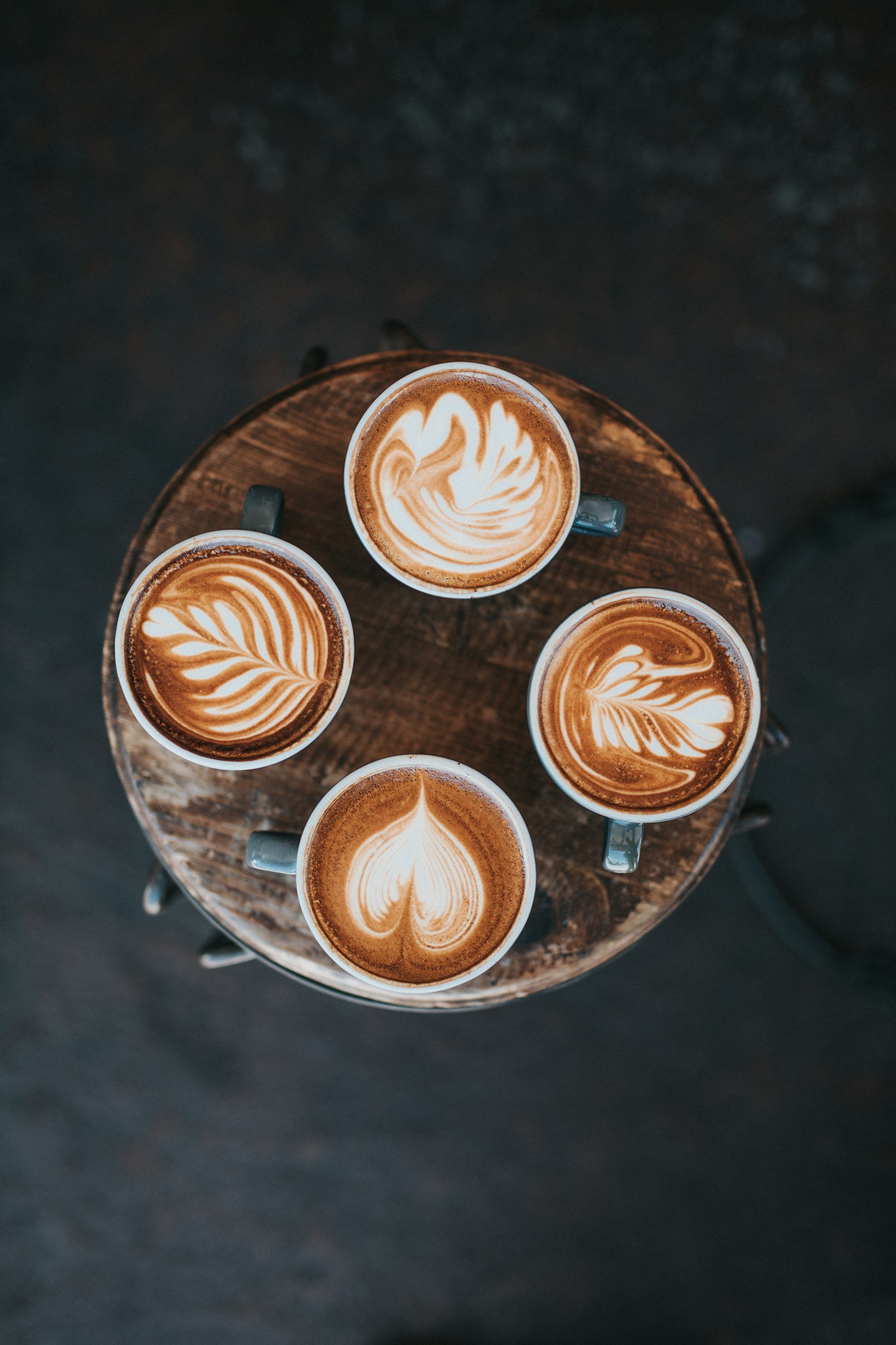 Cafe latte on a table, aerial view